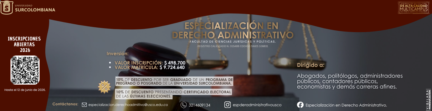 Inscripciones abiertas en la Especialización en Derecho Administrativo para el segundo semestre de 2026